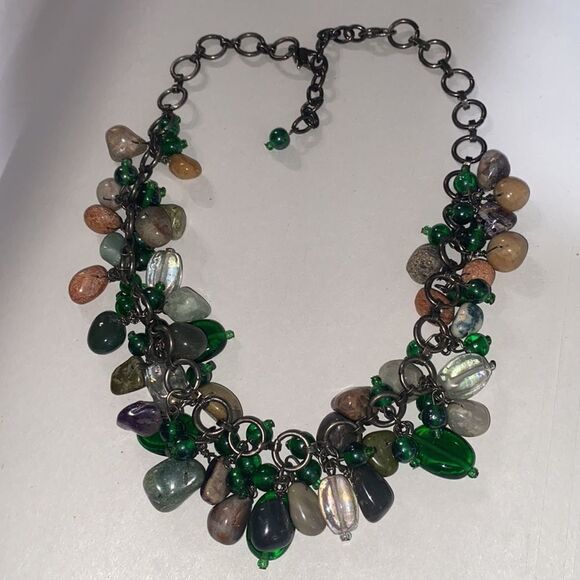 Vintage Semi Precious Stone & Green Glass Cluster Necklace - Picture 10 of 16